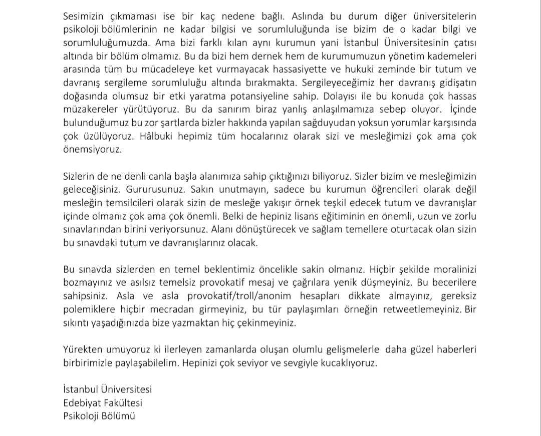 betullsavaass's tweet photo. İstanbul Üniversitesi Psikoloji bölümü hocalarımızdan mesaj var.Her zaman yanımızda olduğunuz için ve mücadelemizde verdiğiniz  tüm çabalar için çok teşekkür ederiz.
 #心理教育应该是正规的 https://t.co/UHE0tsqPK0