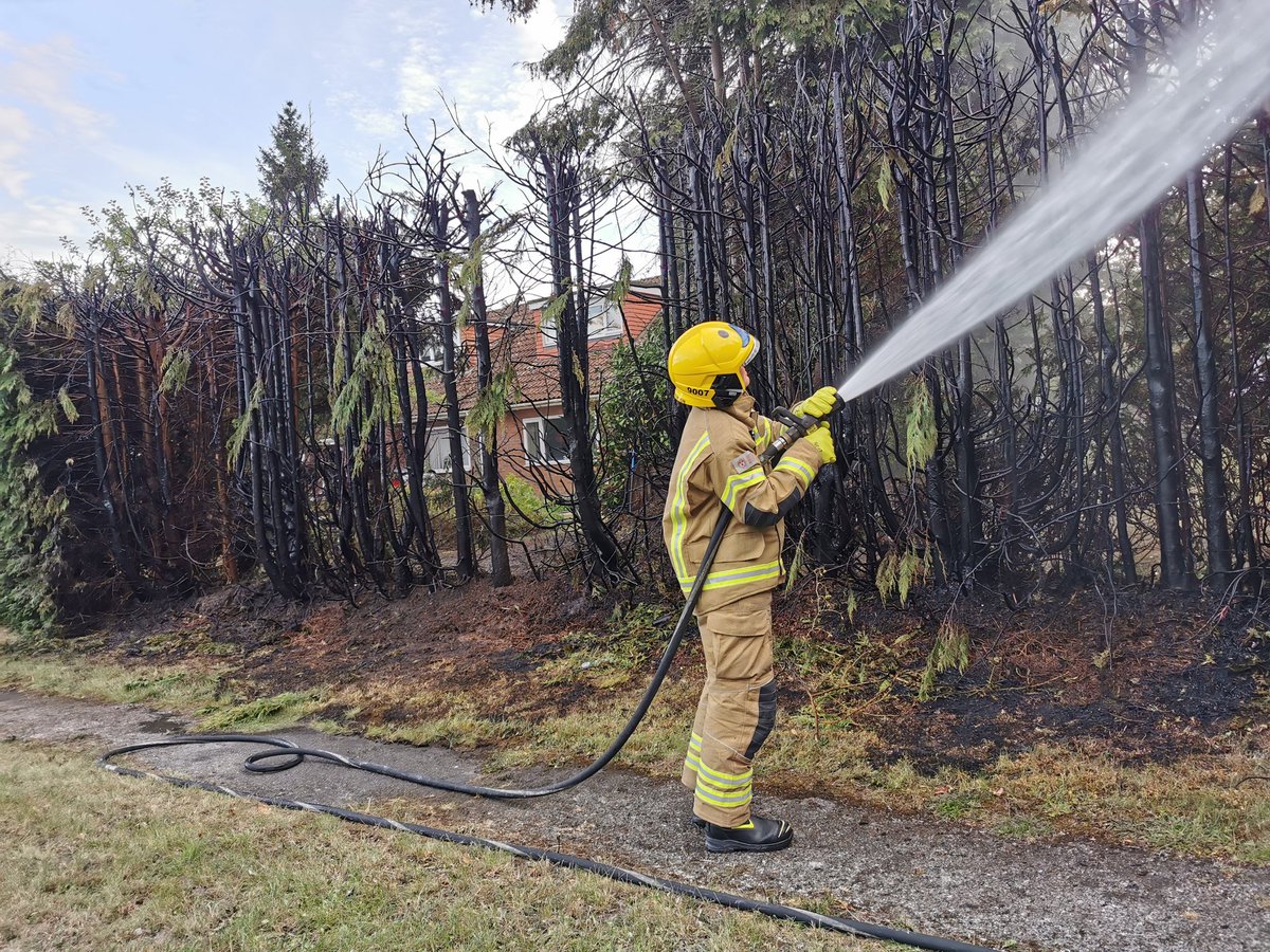 Tadley12's tweet photo. #Belllsdown 19:31 - Hedgerow fire, Pamber end. Approx 10m of Conifers affected by fire, small bonfire in close proximity believed to be the cause. 2x HRJ used. @Basingstoke_01 SFV also attended this incident. #TeamHants https://t.co/nl2RHq4LoO