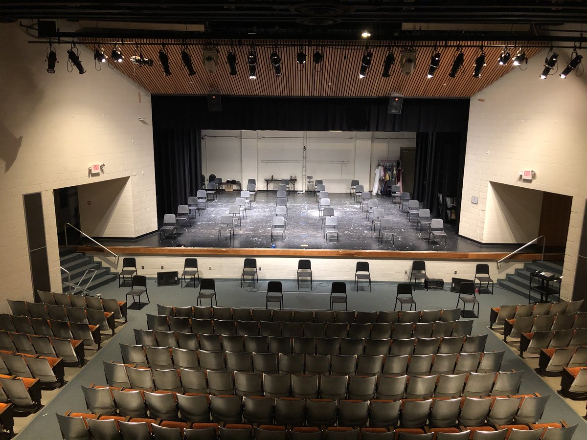 LMS_LIS_Bands's tweet photo. Social distancing attempt #2. The 55 blue x's on the seats are where kids fit meeting guidelines and where @MrsStaggMusic LMS choirs may possibly meet. 49 chairs on/in front of the stage are where LMS band classes may possibly meet. https://t.co/cRp5kcniSf