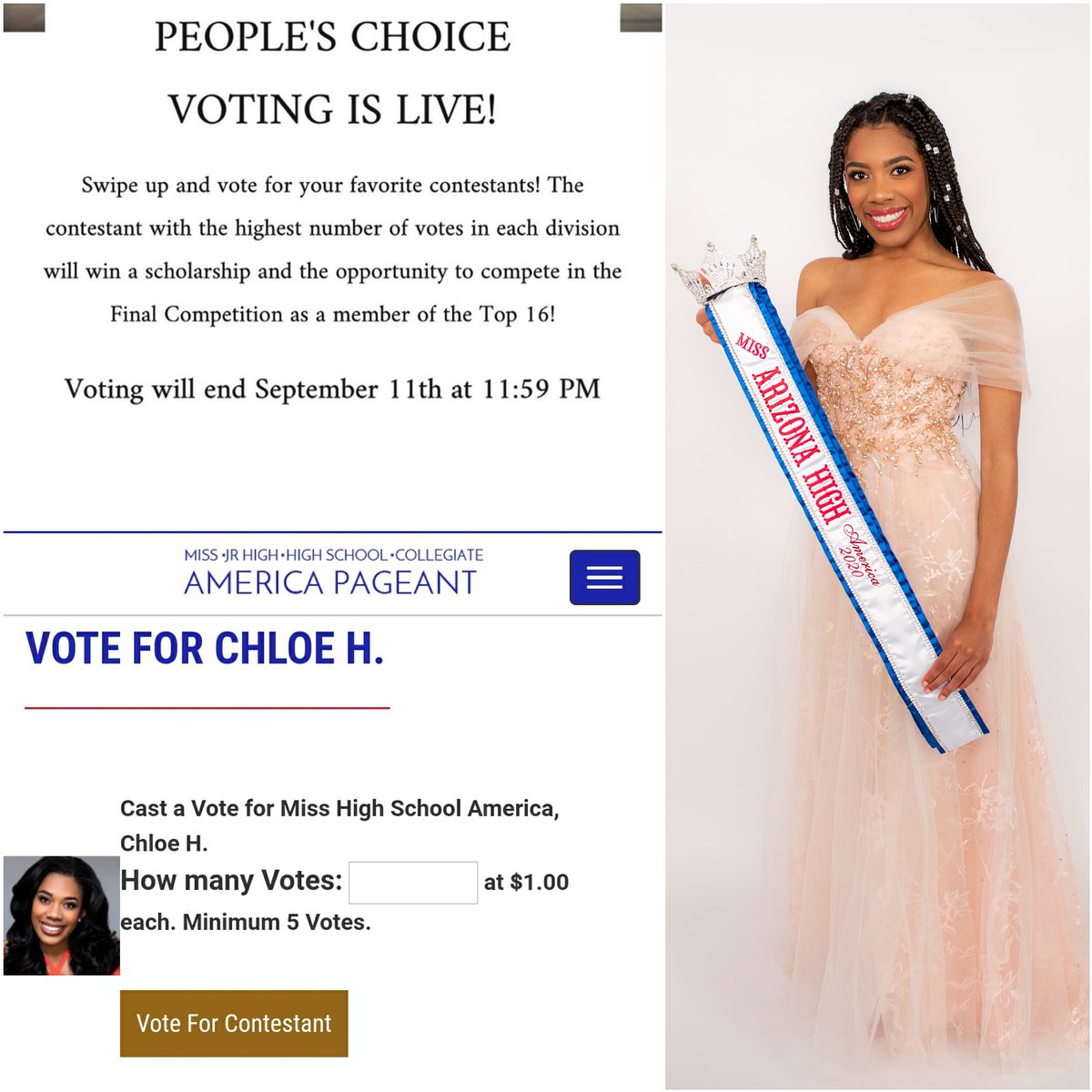 teamchloeinfo's tweet photo. Vote #ChloForTheCrown for Miss High School America 2020 People’s Choice!
https://t.co/EbwM8r8R0r
#MissAZHigh2020 #LetsGoChlo
#TeamChloé https://t.co/XUEuRqBHag
