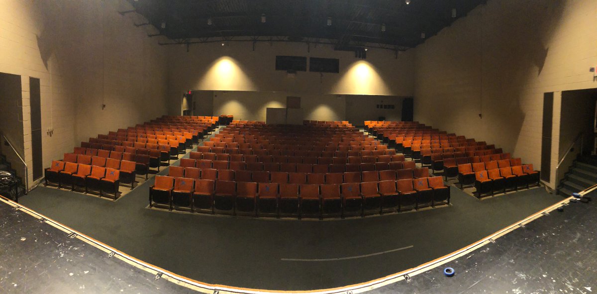 LMS_LIS_Bands's tweet photo. Social distancing attempt #2. The 55 blue x's on the seats are where kids fit meeting guidelines and where @MrsStaggMusic LMS choirs may possibly meet. 49 chairs on/in front of the stage are where LMS band classes may possibly meet. https://t.co/cRp5kcniSf