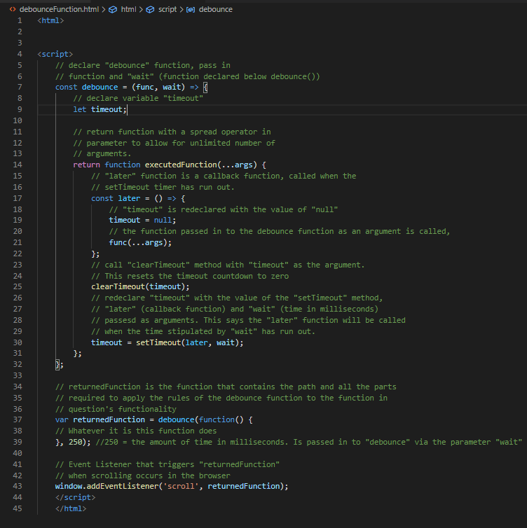 Stesha_McKindle's tweet image. Today I learned about the debounce() function, which is used to limit the number of events being processed by the server, therefore improving performance. The code is from this excellent article =&amp;gt;levelup.gitconnected.com/debounce-in-ja…. 

The comments are mine.
#javascript #coding #iThinkIGetIt