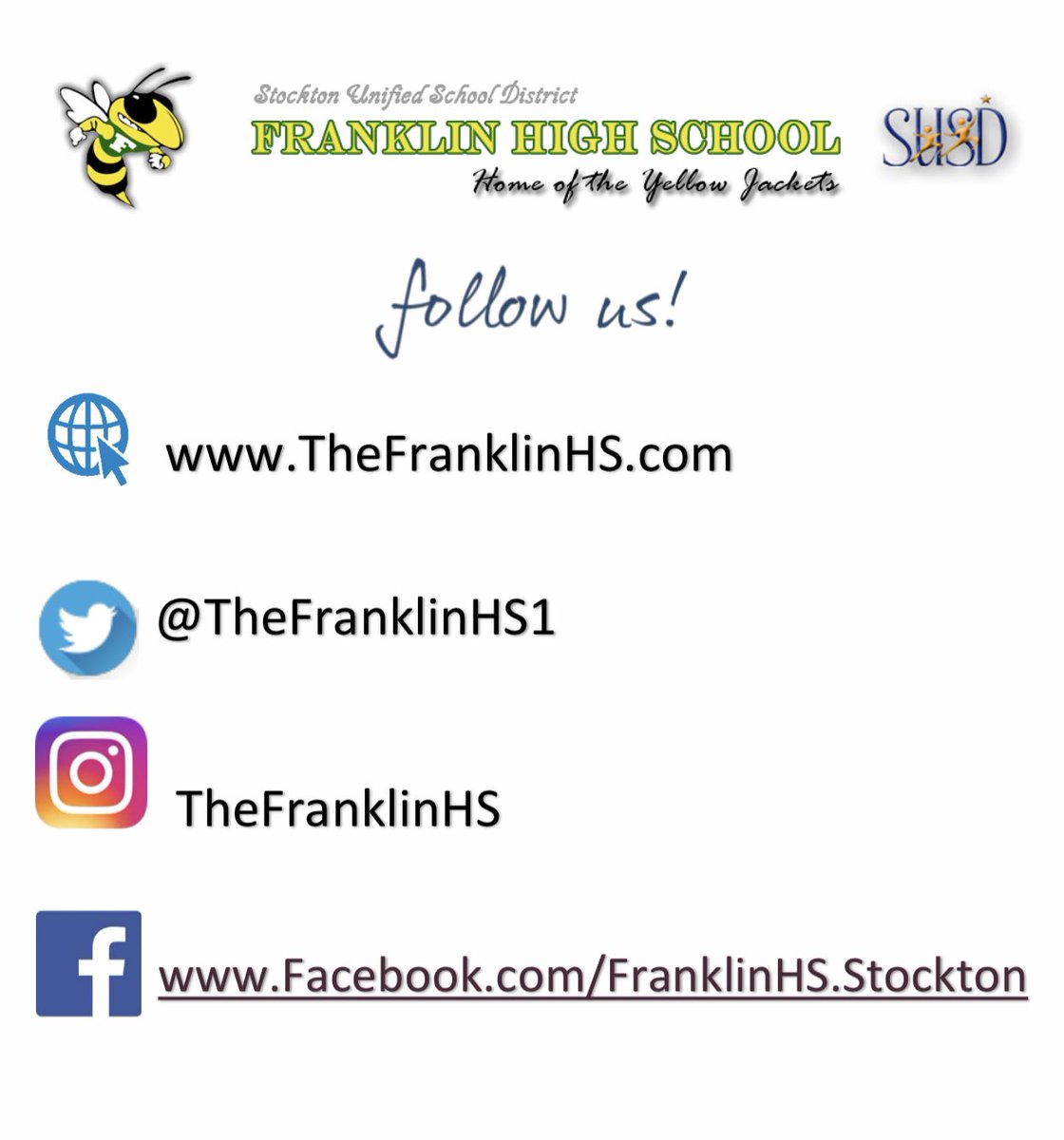 TheFranklinHS1's tweet photo. Franklin Family would like to invite you to follow us on social media to get information and updates @StocktonUnified 
 #Proud2bSUSD @Franklin #WeCARE https://t.co/laMmHQU5ED