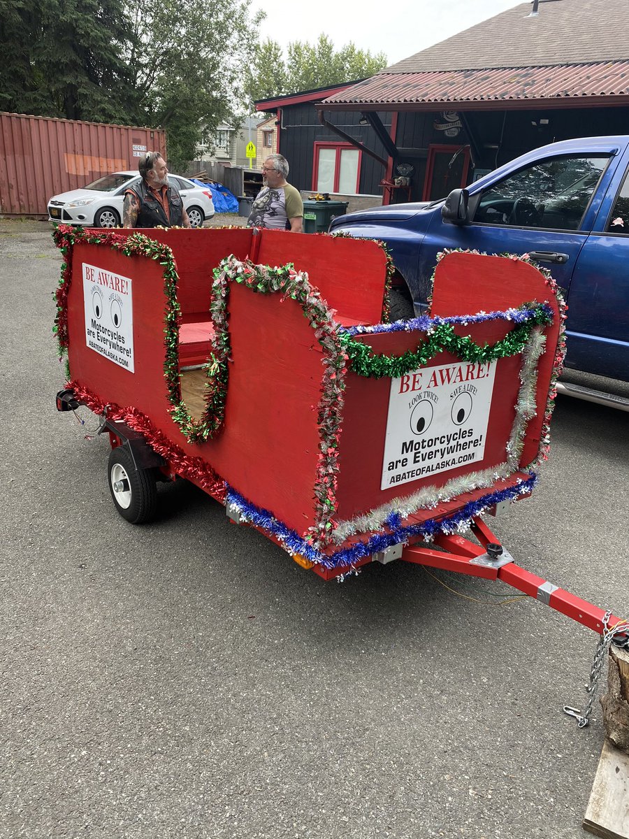 AbateofAlaska's tweet photo. Getting ready for the ABATE of Alaska Christmas In July Toy Run!  Building the sleigh and sorting toys! #alaska #biker #summer #ABATE #ChristmasInJuly #ToyRun https://t.co/qmGydJBw6m