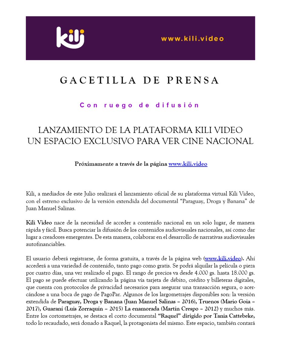 culturalanacion's tweet photo. Gracias @kilivideo! Paraguay, droga y banana; Guaraní, Truenos, Luna de cigarras, La chiperita, Raquel y más en https://t.co/WN3WQ8bhai!
Kili Video anuncia plataforma de streaming para audiovisual paraguayo https://t.co/9XrvQCPgTE #KiliVideo #CineParaguayo #CinePy https://t.co/S3cADXAywo