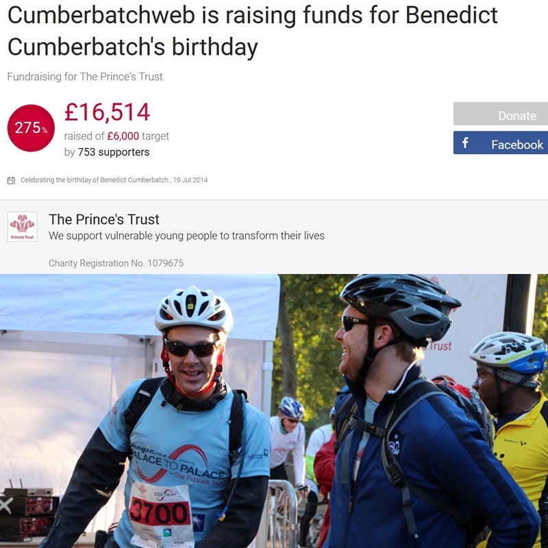 THE PRINCE’S TRUST (2012-): BC took part in the “Palace to Palace“ bike ride, raised funds through his 2014 birthday fundraiser.