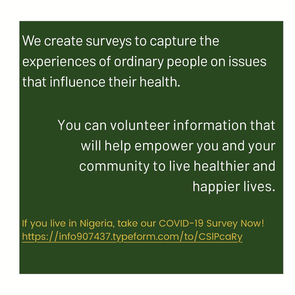 sapha_org's tweet photo. Check out our COVID-19 survey for Nigeria! If you live in Nigeria, please tell us what you know about COVID-19 by completing this short survey @ https://t.co/6SJemVVmNm 

Please share. Thank you! https://t.co/ePuhz0B69G