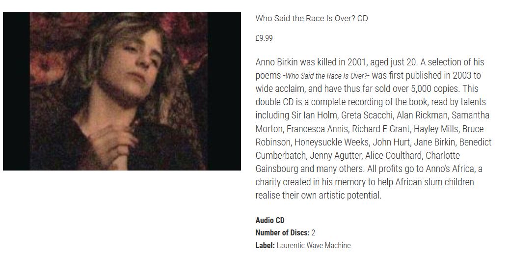 ANNO’S AFRICA (2014-): BC has donated a signed suit, contributed multiple art pieces to help raise funds and read a poem of Birkin.