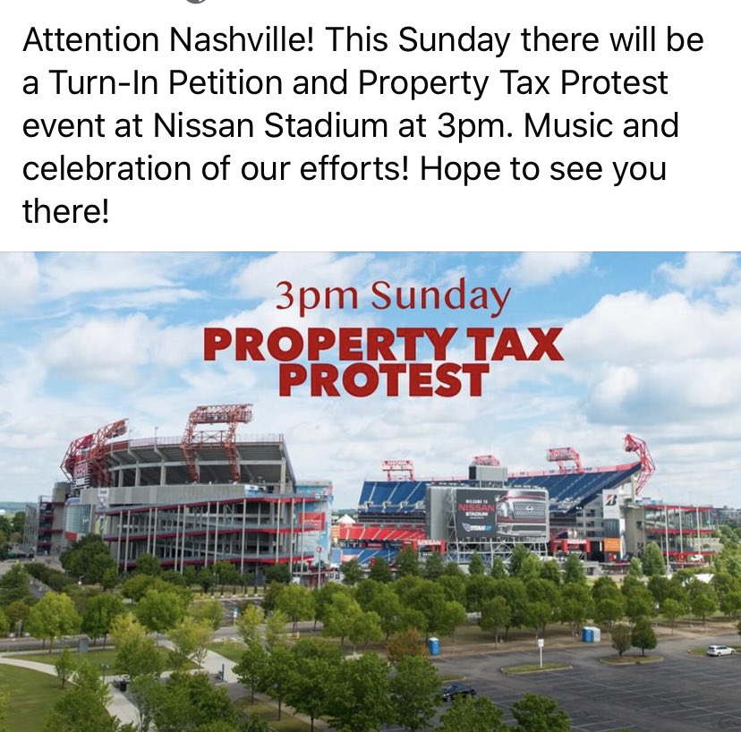 notax4nash's tweet photo. Join us tomorrow, Sunday 3PM Nissan Stadium! Opportunity to sign&amp; turn-in petitions. Let’s celebrate our efforts #NoTax4Nash #Nashville @notax4nash https://t.co/rN506FGbHM