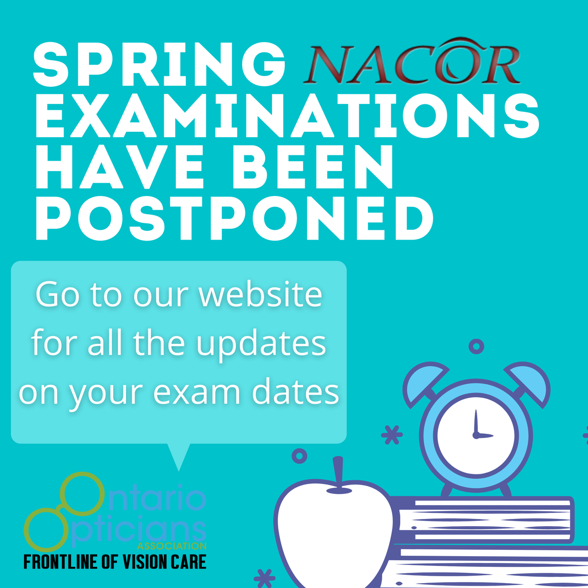 OOA_Frontline's tweet photo. 🚨OPTICIANRY STUDENTS🚨
The 2020 spring #NACOR exams have been postponed until COVID-19 restrictions have been lifted. 
For all the updates see our website! 

👉https://t.co/KVbLPjnCLT https://t.co/fgmyzTxdnc