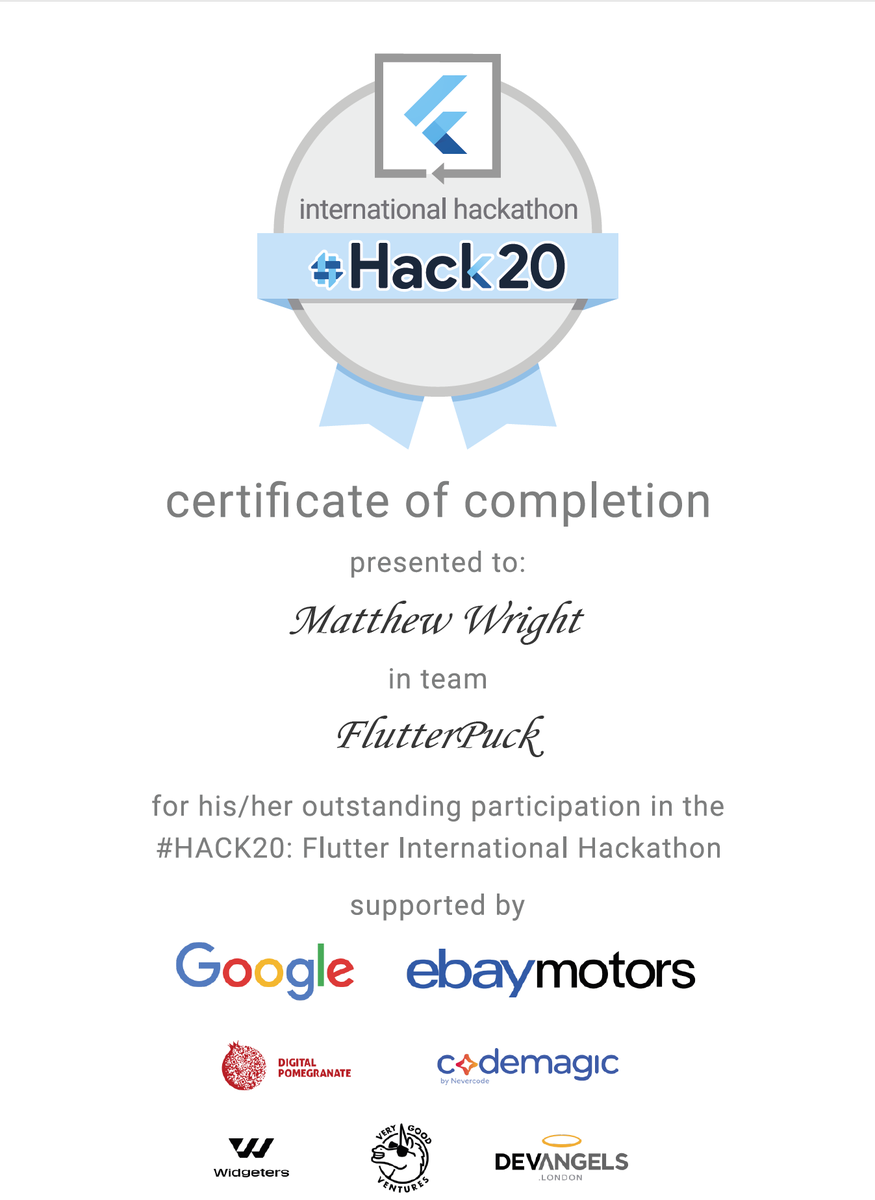 matwrightdev's tweet photo. Flutter Hack20 Certificate #TeamFlutterPuck 🇫🇷🇵🇹🇨🇦🇬🇧
#hack20 #Flutter #flutterdev #appjam https://t.co/WsJG3tuyOJ