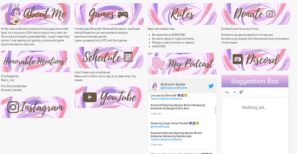 BookwormBunnie's tweet photo. @Twitch panels are updated! Now you can see my Twitter and give suggestions!! 💜🐰💛
.
#twitch #streamer #twitchpanels #gaming #gamer #videogames https://t.co/NSIrsyAvhB