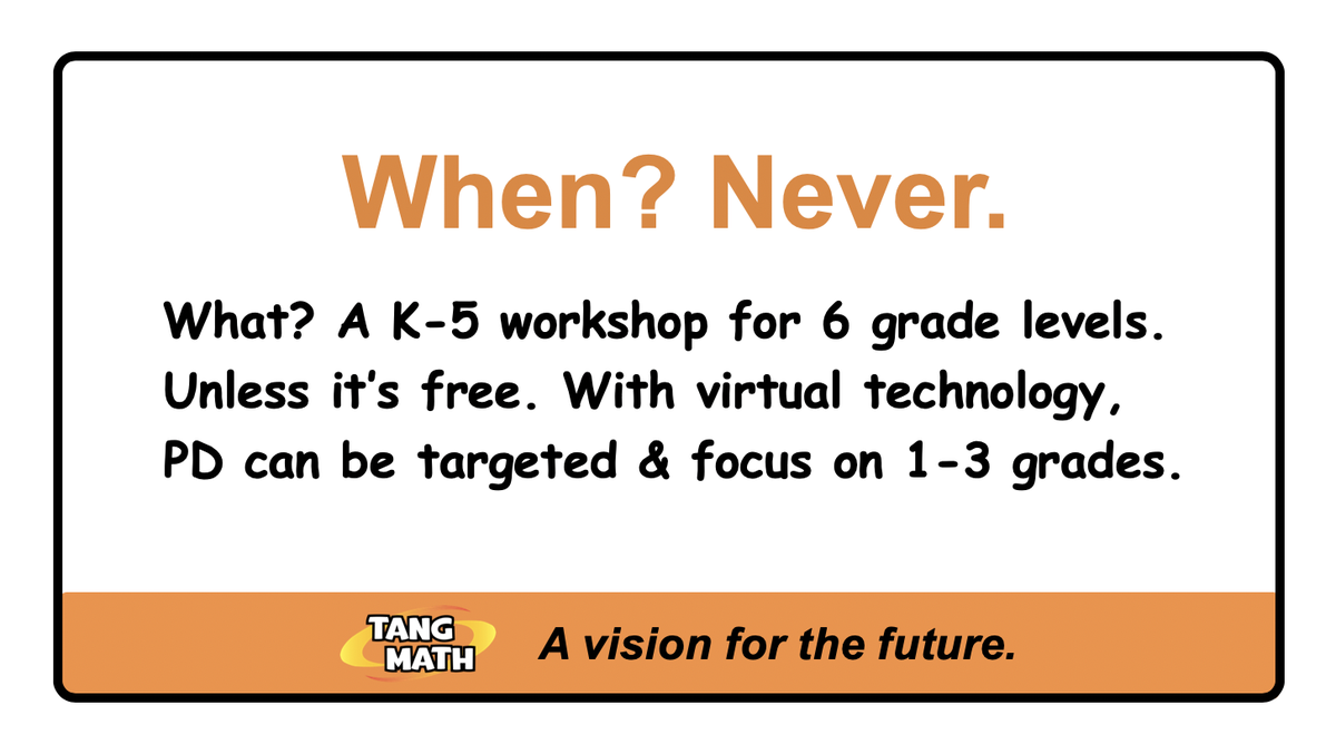 On a mission to reinvent math. Some of the best superintendents, principals, coaches, teachers are with me. No more mass PD. Targeted &amp; FREE with our program. Incredible technology? Virtual &amp; FREE. Amazing materials? PERSONALIZED &amp; 5 levels of abstraction. TangMath.com/TM