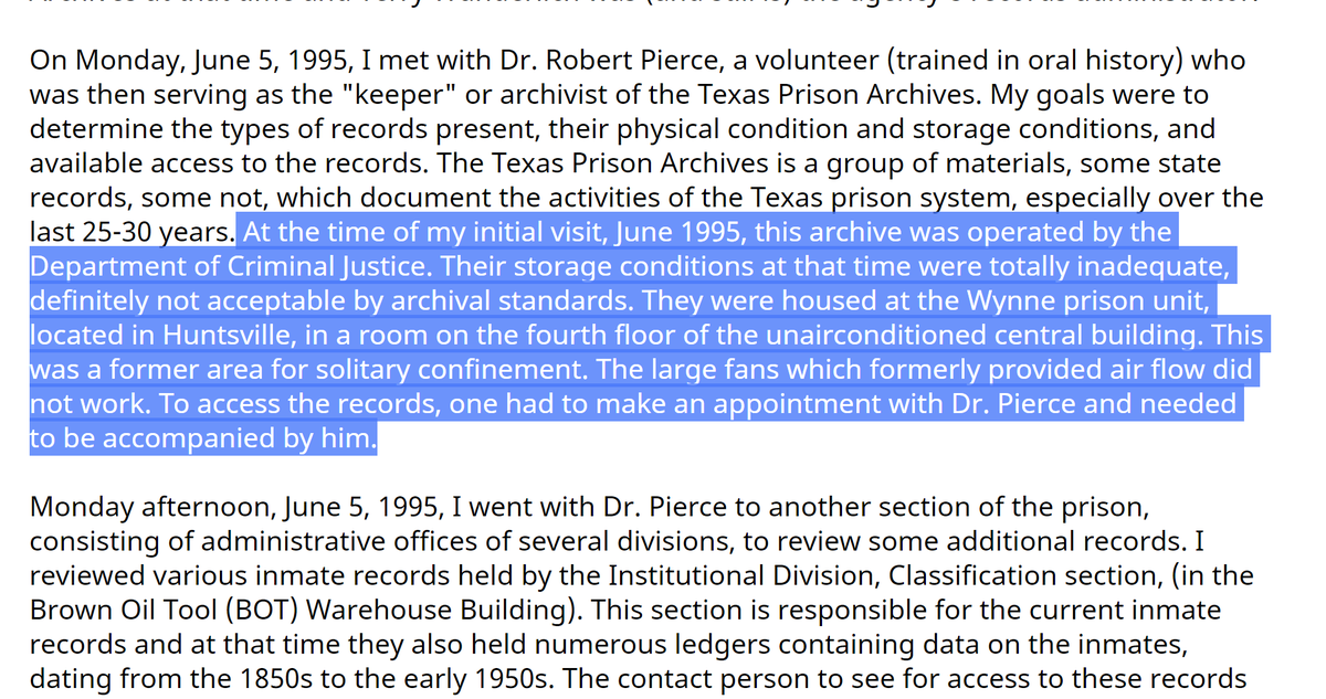 keribla's tweet photo. TIL: An archivist visited a Texas prison in 1995 and determined that the un-airconditioned solitary confinement room was "totally inadequate" - FOR OLD RECORDS.

25 years later we still have people living in those conditions deemed inadequate for paper. https://t.co/QmNEFurtEw