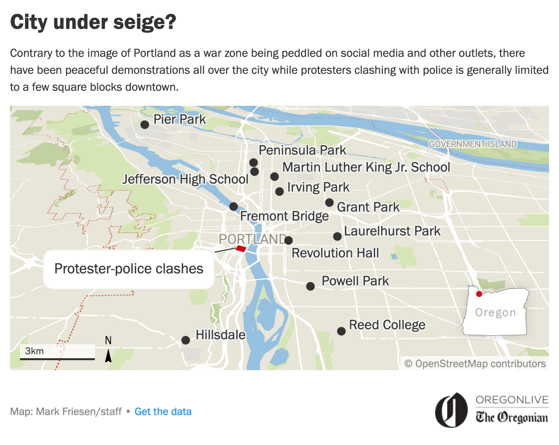 The images that populate national media feeds, however, come almost exclusively from tiny points in the city: a 12-block area surrounding the Justice Center and federal courthouse. (7/14)