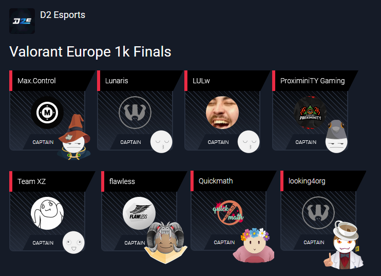 Congratulations to the top 8 teams that qualified for tomorrow's 1k #VALORANT Tournament Europe

🎖Lunaris
🎖LULw
🎖Max. Control
🎖ProxiMiniTY Gaming
🎖Team XZ
🎖Quickmath
🎖looking4org
🎖flawless

👇👇👇
bit.ly/VAL5v5PC1kFina…

sponsored by <a href="/Razer/">R Λ Z Ξ R</a>