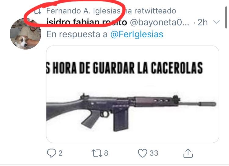 IglesiasDiego's tweet image. Me gustaría conocer la opinión de @proargentina o de su presidenta @PatoBullrich o de @juntoscambioar sobre lo siguiente: el diputado Fernando Iglesias, de su espacio político, retuitea a un seguidor que dice “Es hora de guardar las cacerolas” y pone una ametralladora.