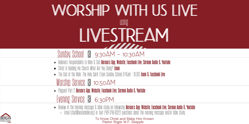 BBBCATL's tweet photo. Tomorrow, we have 3 Sunday School classes taught by Elder Ellis, Elder McCurdy and Brother Robinson. Pastor Perkins will continue his series Exodus with pt. 2 of the sermon "Plagues!" Evening Service Bible Study will be a review of the morning message &amp; bible study on fellowship. https://t.co/9LxrZbRvsy