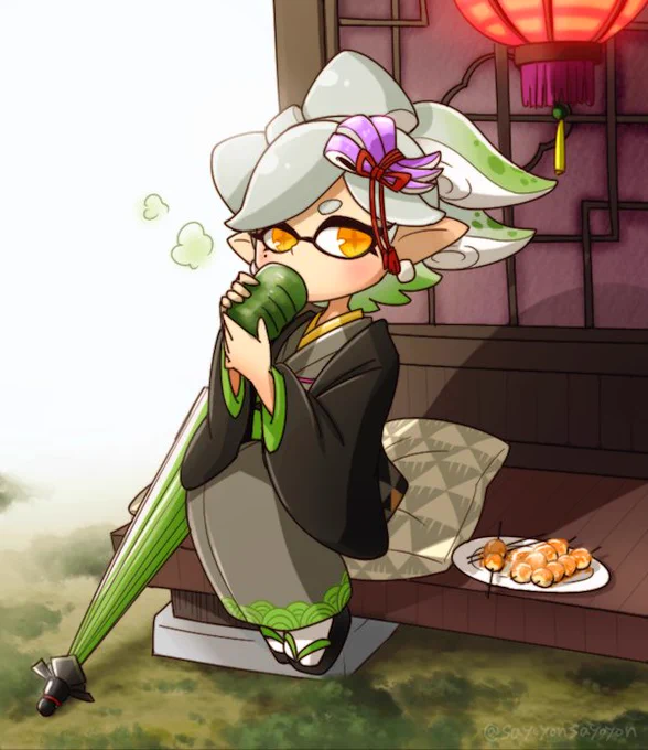 【本日の過去絵ピックアップ】
～スプラトゥーン2～
2017年に描いた着物ホタルちゃん。
シオカラーズ衣装のホタルちゃんも好きだけど、着物姿のホタルちゃんも好き!
みたらし団子を食べながらお茶で一服してたら4号と目が合ったという瞬間をイメージして描きました。 