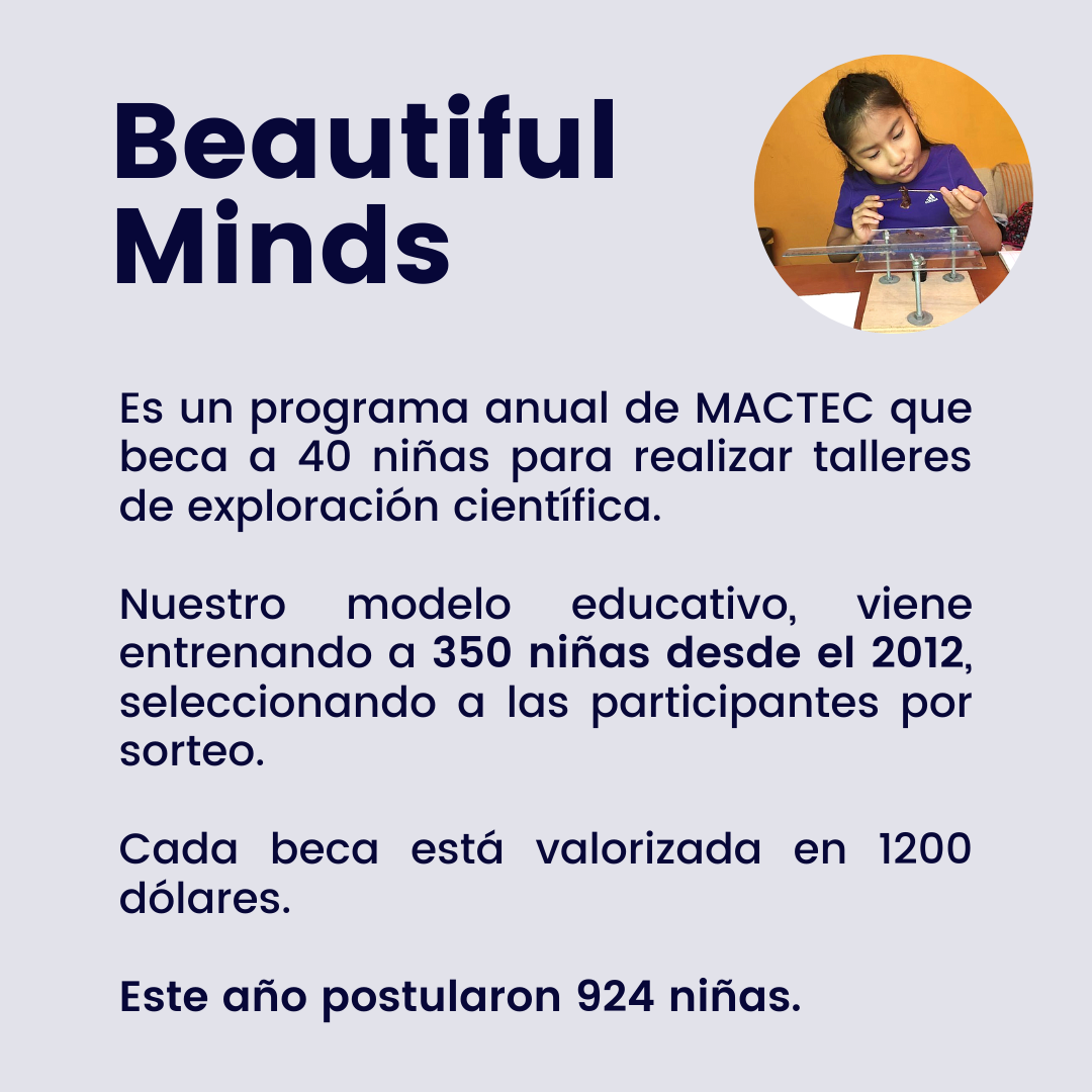 mactecperu's tweet photo. A finales de junio terminamos de evaluar el impacto de nuestro Programa Beautiful Minds en lo que va del año.
Conoce, con nosotros, las estadísticas de este hermoso proyecto MaCTec en el siguiente hilo. 💜
#Ciencia #GirlScientist #BeautifulMinds #Perú #MACTEC #UNESCO #GWEPrize https://t.co/3lCYHWn7IF