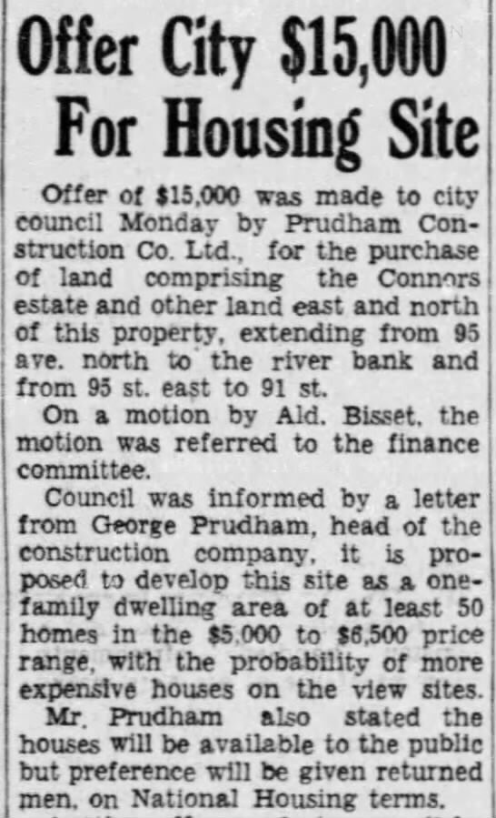 After some real estate drama, the City sold the subdivision to George Prudham. Prudham had been a contractor / building supplier since the 1930s. He helped start  @chba_edmonton, was a federal cabinet minister in the 1950s & contested Edmonton’s dramatic 1963 mayoral election.