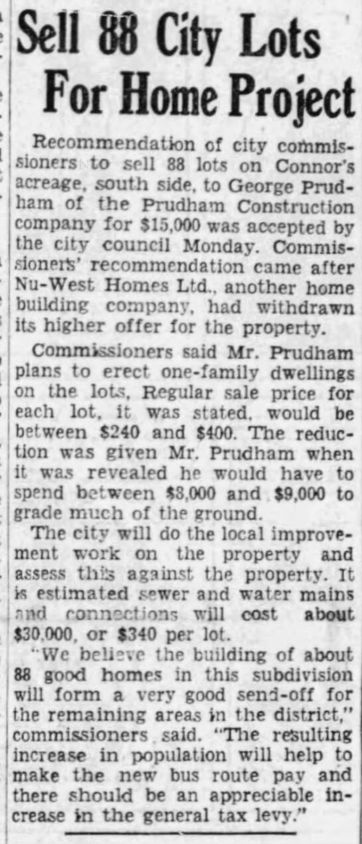 After some real estate drama, the City sold the subdivision to George Prudham. Prudham had been a contractor / building supplier since the 1930s. He helped start  @chba_edmonton, was a federal cabinet minister in the 1950s & contested Edmonton’s dramatic 1963 mayoral election.