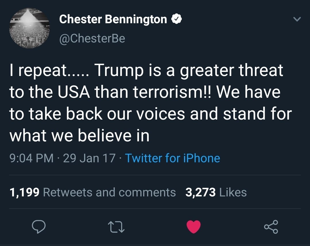 JohnMovieWatch's tweet photo. As Trump violates copyrights of using Linkin Park's music... Here is a reminder how Chester felt about the current man in office https://t.co/DOSoeiKMrW