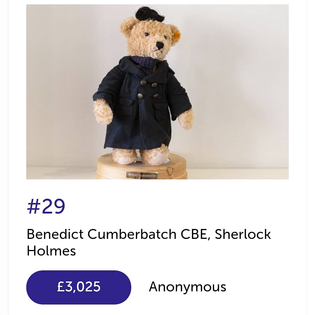 THE DAVID ADAMS LEUKAEMIA APPEAL FUND (2018): A signed and BBC “SHERLOCK“ themed Steiff bear raised over £3.000. I think there were two bears even...