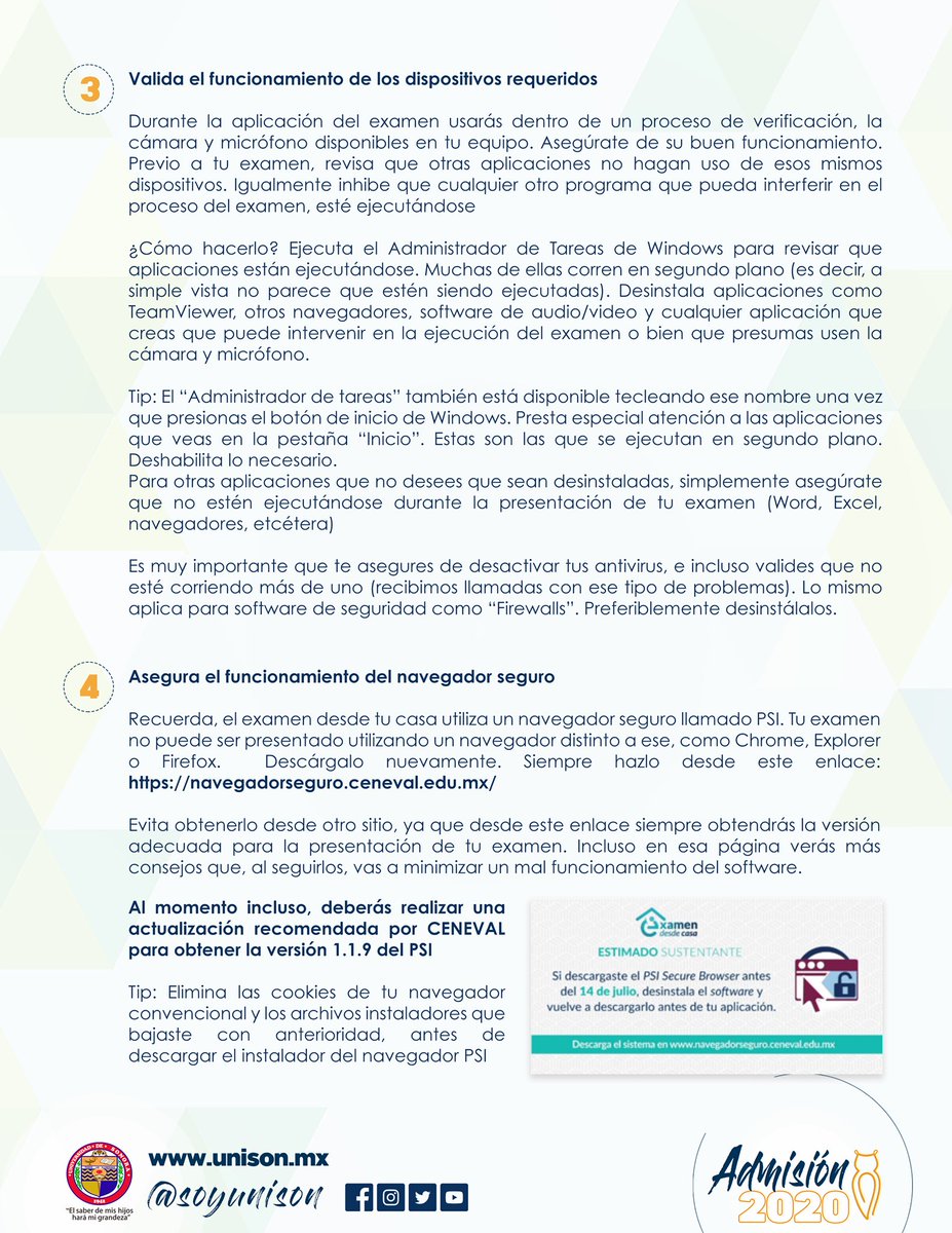 SoyUnison's tweet photo. ATENCIÓN #AspirantesUnison, la Dirección de Informática les proporciona algunas recomendaciones técnicas para que no tengan problemas a la hora de realizar el examen. #Admisión2020 https://t.co/a6rDrkfnzC