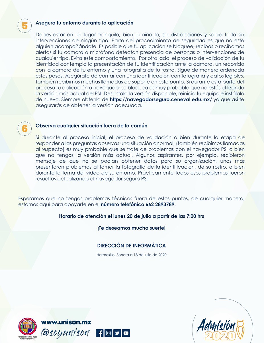 SoyUnison's tweet photo. ATENCIÓN #AspirantesUnison, la Dirección de Informática les proporciona algunas recomendaciones técnicas para que no tengan problemas a la hora de realizar el examen. #Admisión2020 https://t.co/a6rDrkfnzC