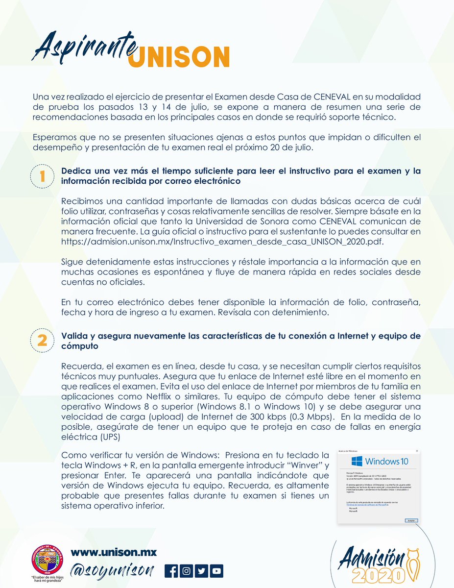 SoyUnison's tweet photo. ATENCIÓN #AspirantesUnison, la Dirección de Informática les proporciona algunas recomendaciones técnicas para que no tengan problemas a la hora de realizar el examen. #Admisión2020 https://t.co/a6rDrkfnzC