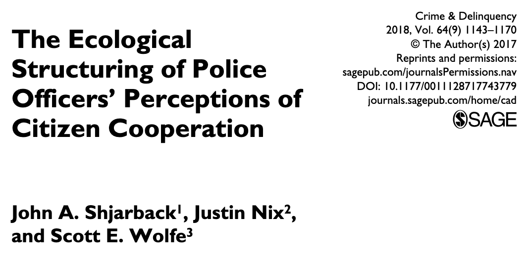 565/ "Minority communities may provide officers an implicit visual heuristic that they can expect to encounter dangerous and uncooperative residents... Officers may be implicitly interpreting Black neighborhoods as inherently dangerous and uncooperative."  @jnixy  @Scott_Wolfe_MSU