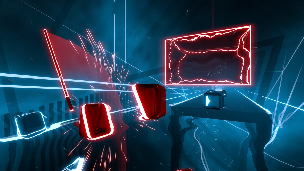 I looked at  @BeatSaber and  @tiltbrush as applications that could only be achieved in VR. Their core mechanics rely on movement from a VR controller - something unique to the medium.