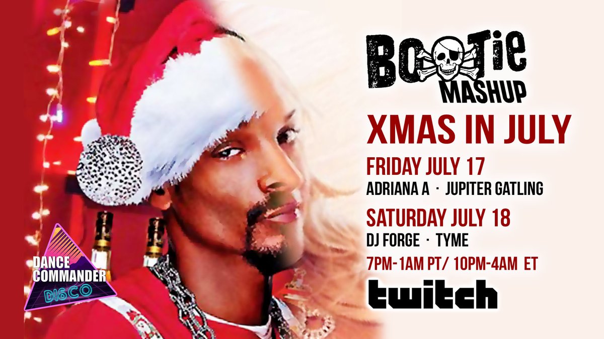 Bootie Mashup (@bootiemashup) on Twitter photo Xmas In July continues today and tonight! <a href="/dj_en8/">DJ EN8 (Nathan Scot)</a> gets things kicked of with a festive edition of Mashup Rocks at 4pmPT/7pmET, then <a href="/TheRealDJForge/">Shane Forge</a> and <a href="/DJTYMEakaDOUG/">DJ Tyme (Entyme)</a> bring the summer holiday cheer to Twitch. twitch.tv/bootiemashup Xmas In July continues today and tonight! <a href="/dj_en8/">DJ EN8 (Nathan Scot)</a> gets things kicked of with a festive edition of Mashup Rocks at 4pmPT/7pmET, then <a href="/TheRealDJForge/">Shane Forge</a> and <a href="/DJTYMEakaDOUG/">DJ Tyme (Entyme)</a> bring the summer holiday cheer to Twitch. twitch.tv/bootiemashup