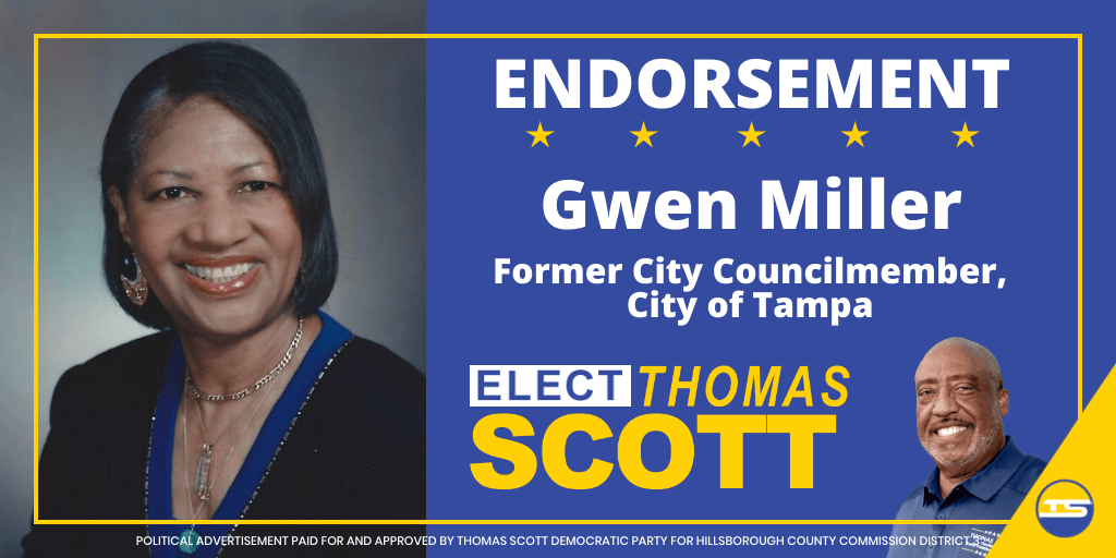 ElectTScott's tweet photo. ENDORSEMENT ANNOUNCEMENT!
We are honored to the endorsement of Former City Council Member, City of Tampa, Gwen Miller. We are grateful to have her support!
#District3 #ElectThomasScott #RecognizedExperience #ProvenLeadership #HillsboroughCountyCommissionDistrict3 #Tampa https://t.co/PU8XftBq4D