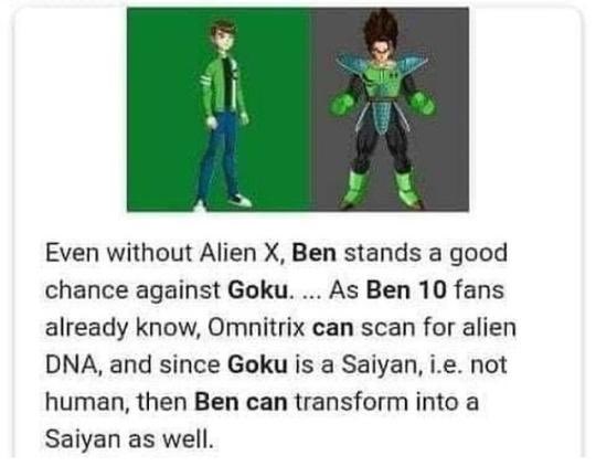 Anyway Ben 10 would beat Goku no contest
