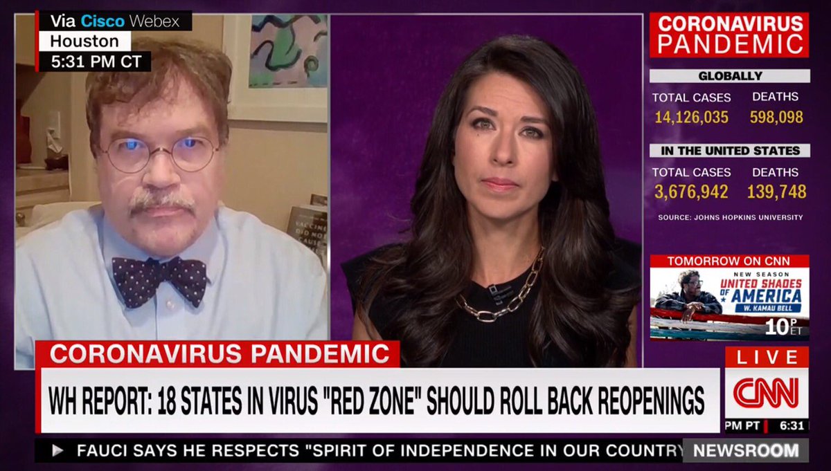 PeterHotez's tweet photo. Many thanks ⁦@AnaCabrera⁩ for hosting me. Tonight Southern US is being decimated as cases deaths rise, hospital staffs tire. I believe most of the illness among people of color and in poverty. This week I will create some “necessary trouble” I hope it’s also good trouble https://t.co/uPpHyJSXiG
