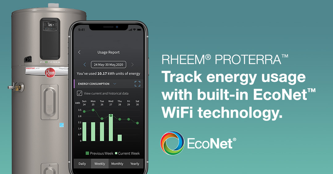 rheem's tweet photo. The Rheem® ProTerra™ Hybrid Electric Water Heater is already the most efficient on the market, and its smart technology helps you save even more money on your electric bill. You can view weekly, monthly and yearly energy usage reports from your phone. https://t.co/E6B9ucYjKm https://t.co/4kgw327jni
