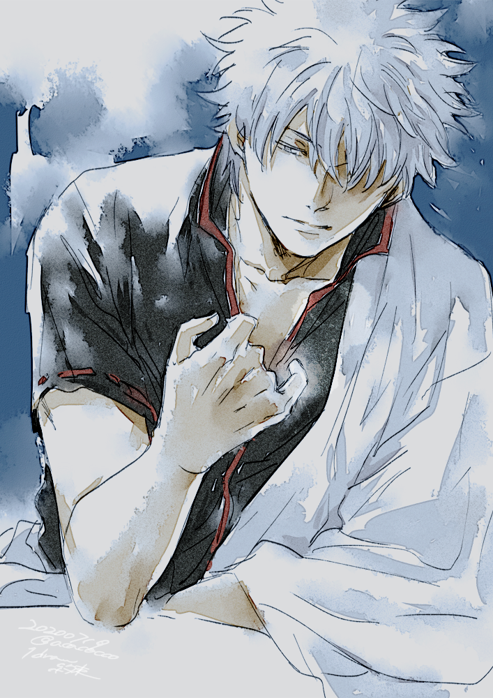 sakata gintoki 1boy solo male focus japanese clothes short sleeves white hair black shirt  illustration images