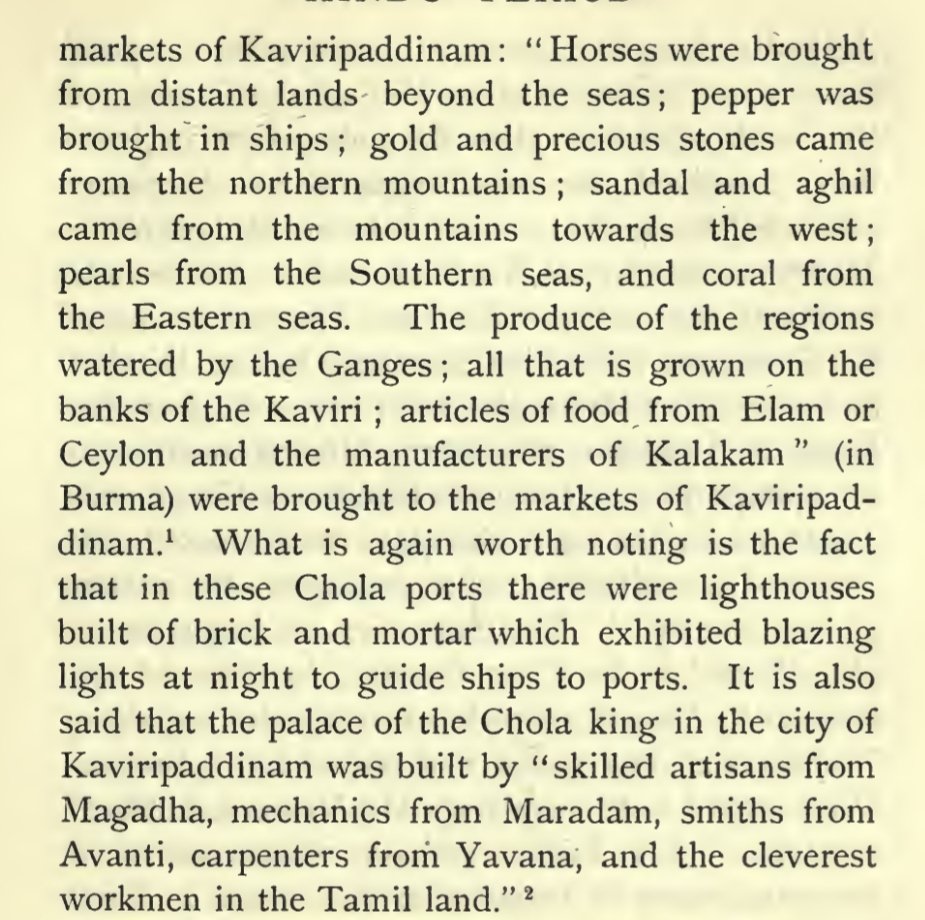 Description of the Chola port of Kaveripatnam .Grand palace of Kaveripatnam was constructed by skilled artisans of Magadha , mechanics of Marada , Smithers of Avanti and carpenters of Yavana.