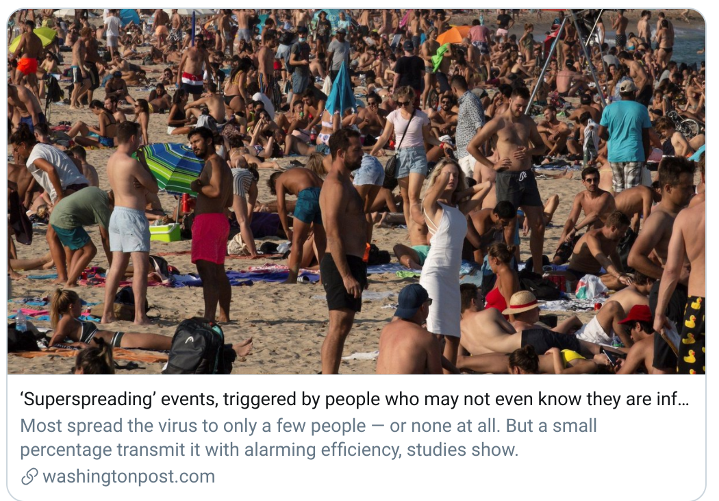 Article: "Superspreader events are indoors". Also article: "Top expert says he avoids buses and takes his walks by the sea." Photo editor: "We put photo of a beach, right?". Good job,  @washingtonpost.