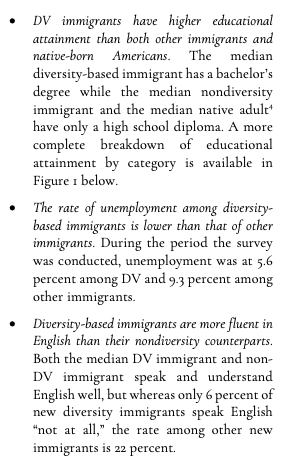 The  #DiversityVisaLottery indirectly selects through merit because of its educational requirements and the combined application, travel, and interview costs. As such, diversity immigrants are better educated and have lower unemployment than Americans and other immigrants.