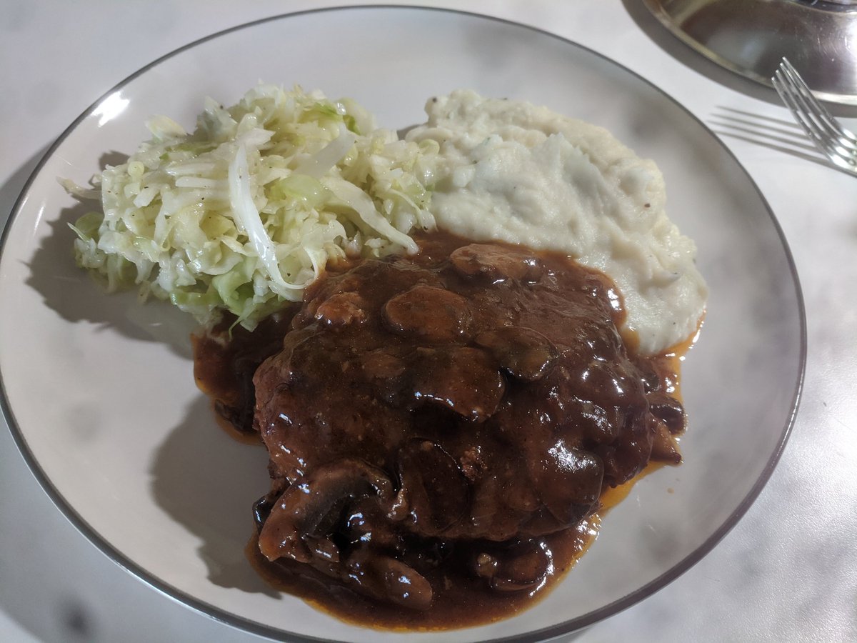 gfrommy's tweet photo. Salisbury steak following the @foodwishes recipe. Had everything on hand to make this and it came out wonderful. #omnomnom https://t.co/0adQWdUMon