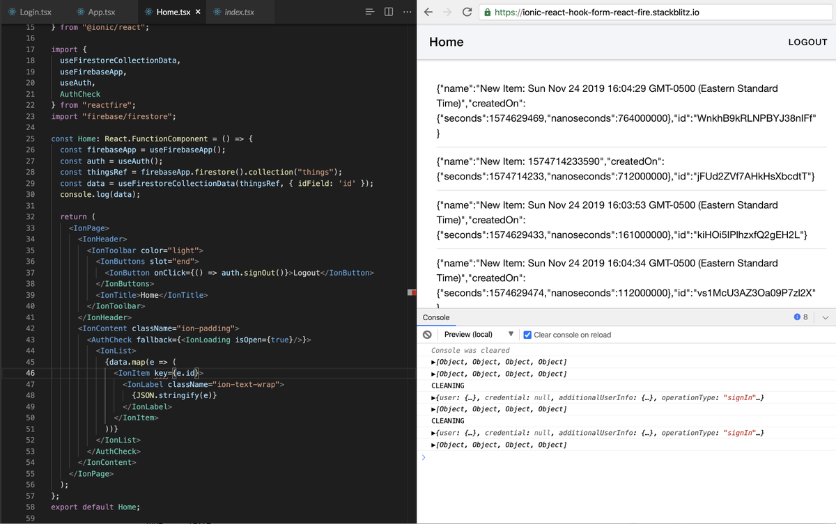 aaronksaunders's tweet photo. motivated by the @_davideast video showing @firebase #reactfire and the cool react hooks, I had to give it a go in @Ionicframework with @reactjs components... I know it is still beta, but it is nice. ππΏ
blog post and video forthcoming
#fiwic #javascript #reactjs https://t.co/AyeliONl4P