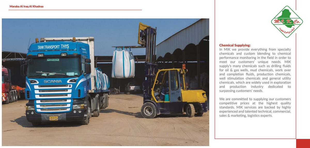 MarabaAliraq's tweet photo. We are committed to supplying to our customers at competitive prices and to the highest quality standards. MIK services are backed by highly experienced and talented technical, commercial, sales &amp; marketing, logistics experts.

#maraba_aliraq_alkhadhraa #iraq #chemicalsupplying https://t.co/jJ7CfVouHC
