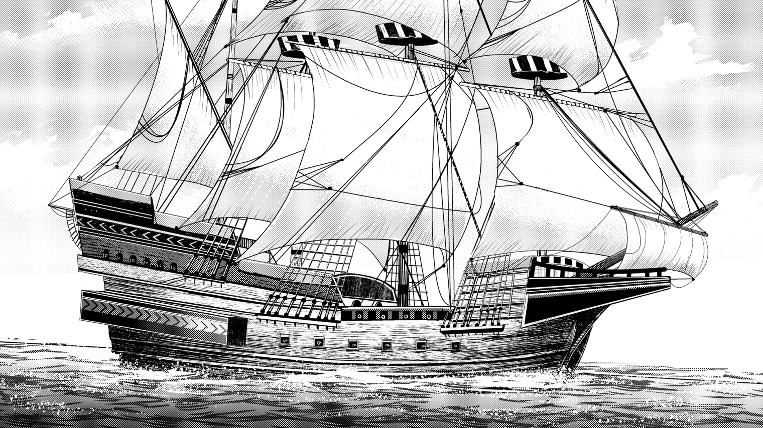 ジェントリ吉田 G Yoshida 16世紀後半のガレオン船 以前描いたアルマダ海戦を題材にした漫画から スペイン 艦隊 アルマダ の目的はイングランドの攻略でしたが敵艦隊との戦闘に妨害 様々な要因から計画は失敗 戦闘で損傷した船もあるなかで帰還途中に