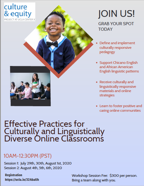 UCLACEP's tweet photo. Register now!  Effective Practices for Culturally and Linguistically Diverse online classrooms. https://t.co/aFFJofVpxQ https://t.co/ctigsvyywg