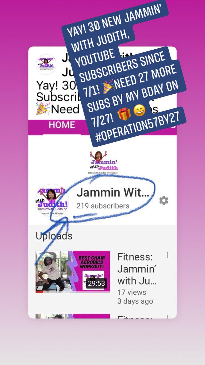 JKendall53's tweet photo. Yay! 30 new @Jammin_w_Judith YouTube Subscribers since 7/1! 🎉Need 27 more Subs by my BDay on 7/27!  🎁 😄
#operation57by27 https://t.co/YbA1ypdzFR