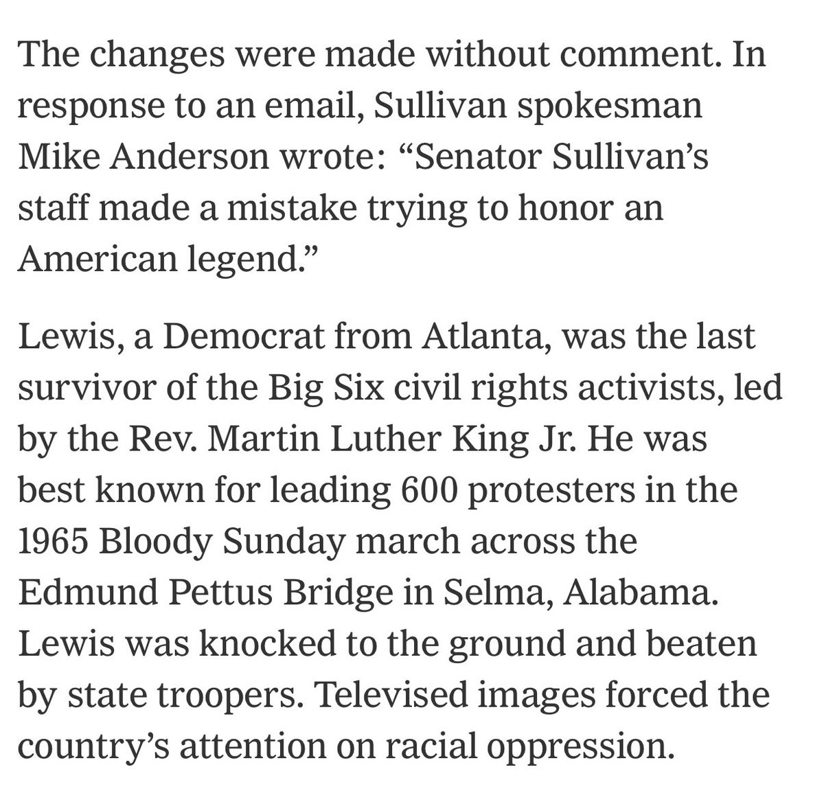 DermotMCole's tweet photo. @AP also has a comment from Sullivan’s staff throwing a staff member under the bus for #NotJohnLewis . Why can’t @adndotcom @alaskapublic @KDNNews @newsminer @KTOOpubmedia @ktva @Ch2KTUU or anyone else get a Sullivan comment on Roger Stone? #silenceisnotanoption #akleg https://t.co/bvFJazWRIC
