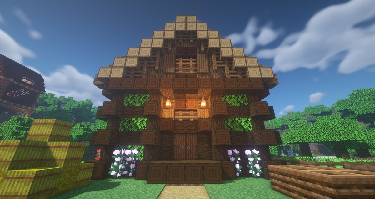 るーるるー 年61軒目の建築が完成しました 初心に帰って小さな島にウッドハウス なんですが このお家は煙突意外 ほぼすべてが原木ブロックで構成されています 木材ブロックだといつものパターンになるので 今回は趣向を変えてみました